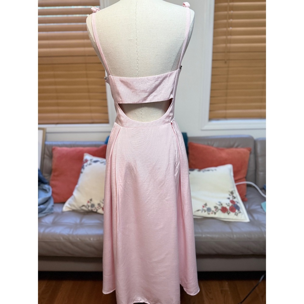 ML Monique Lhuillier Pink Faille Open Back Midi Dress 12 Bow Straps Cocktail - Picture 5 of 7